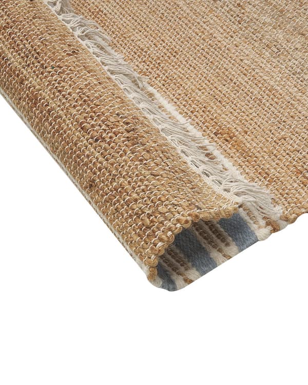 Matta Beige och Ljusblå Jute 160 x 230 cm Rektangulär Dhurrie med Tofsar Randigt Mönster Handvävd Boho-stil Hall