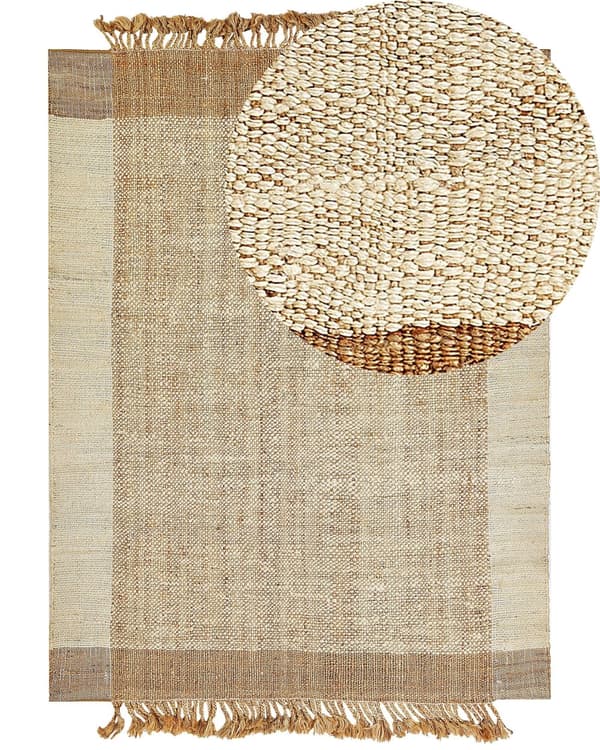 Matto beige juutti 160 x 230 cm neliskulmainen käsinkudottu hapsuilla boho-tyyli