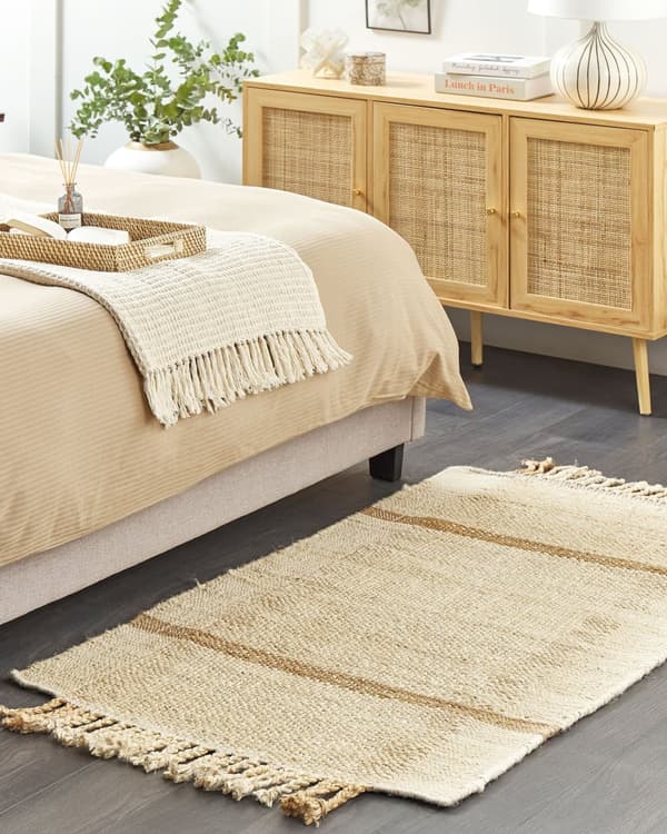 Matto beige juutti 80 x 150 cm neliskulmainen käsintehty hapsuilla boho-tyyli