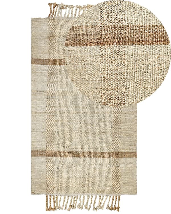 Matto beige juutti 80 x 150 cm neliskulmainen käsintehty hapsuilla boho-tyyli