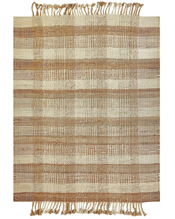 Matto beige juutti 160 x 230 cm neliskulmainen käsinkudottu hapsuilla boho-tyyli