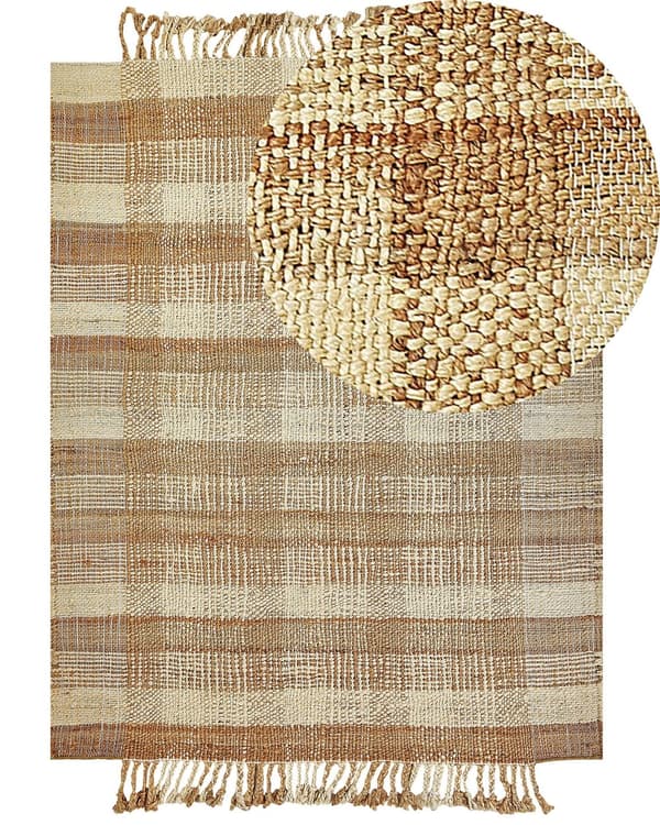 Matto beige juutti 160 x 230 cm neliskulmainen käsinkudottu hapsuilla boho-tyyli