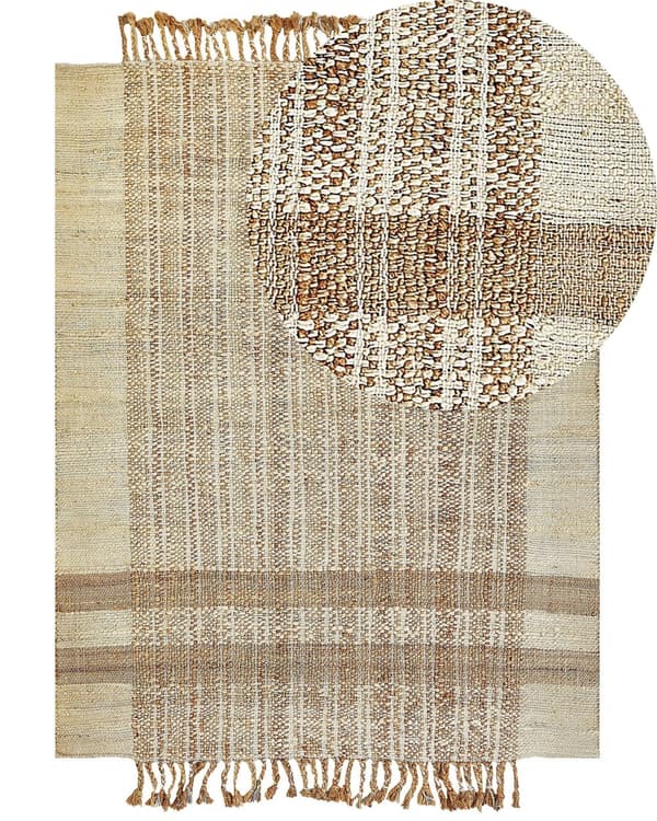 Matto beige juutti 160 x 230 cm neliskulmainen hapsuilla käsintehty boho-tyyli