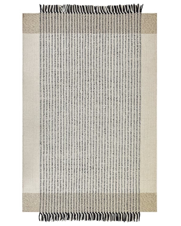 Gulvteppe Beige Svart 140 x 200 cm Ullteppe Håndvevd Teppe med dusker