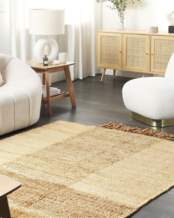 Gulvteppe Beige Jute 160 x 230 cm Juteteppe Geometrisk mønster Håndvevd Boho Soverom Stue