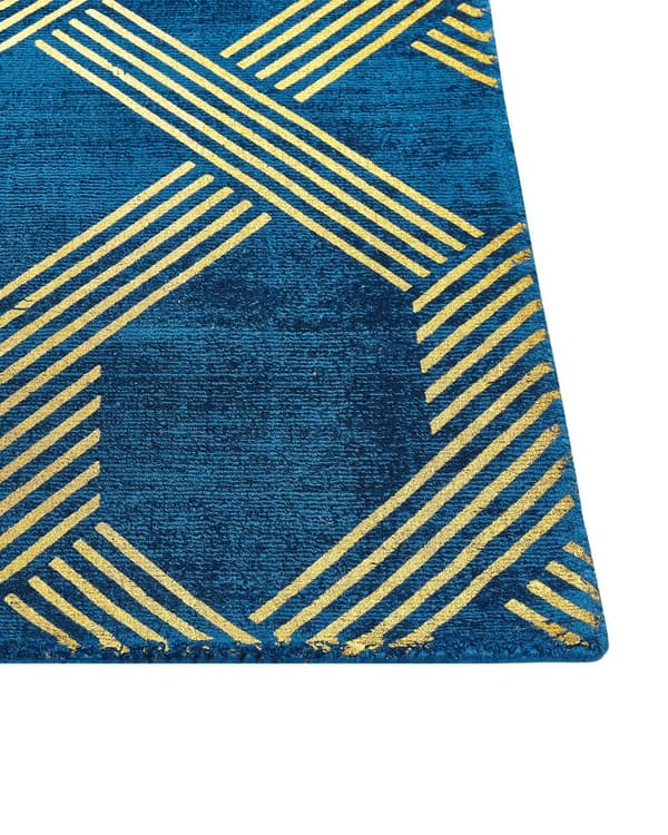 Teppe Blå Gull Viskose Bomull 160 x 230 cm Geometrisk mønster Håndvevd Moderne Glam