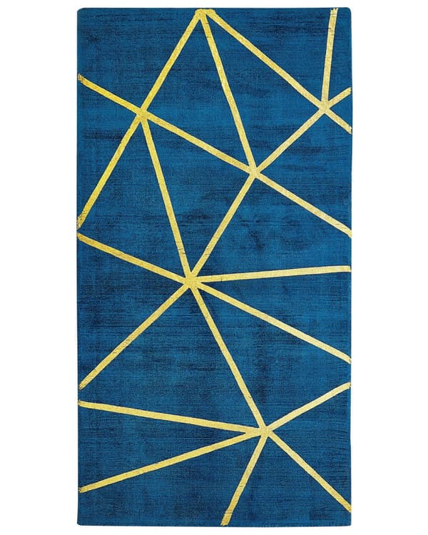 Teppe Blå Gull Viskose Bomull 80 x 150 cm Geometrisk mønster Håndvevd Moderne Glam
