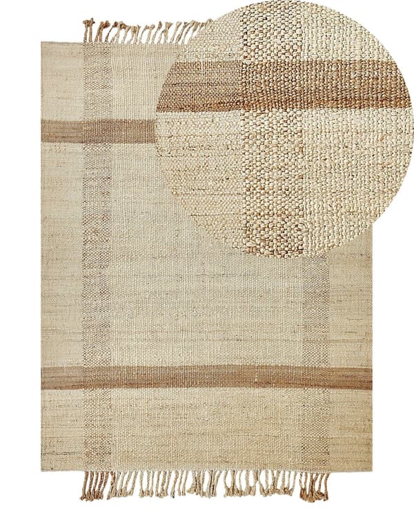 Gulvteppe Beige Jute 140 x 200 cm Juteteppe Geometrisk mønster Håndvevd Boho Soverom Stue