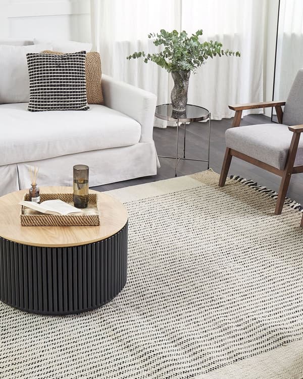 Gulvteppe Beige Svart 200 x 300 cm Ullteppe Håndvevd Teppe med dusker