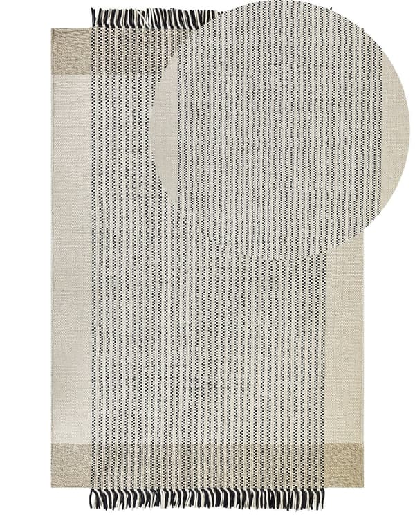 Gulvteppe Beige Svart 200 x 300 cm Ullteppe Håndvevd Teppe med dusker