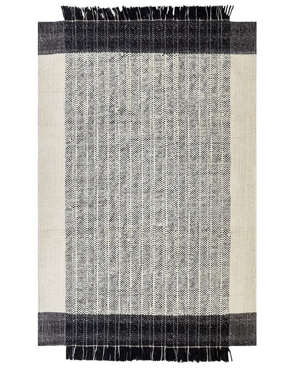 Gulvteppe Svart Hvit Ull 140 x 200 cm Ullteppe Håndvevd Teppe med dusker