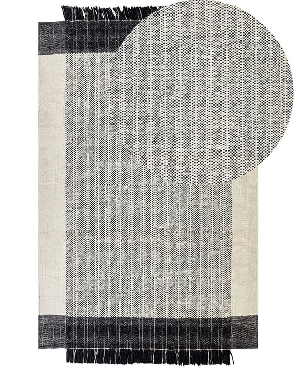 Gulvteppe Svart Hvit Ull 140 x 200 cm Ullteppe Håndvevd Teppe med dusker