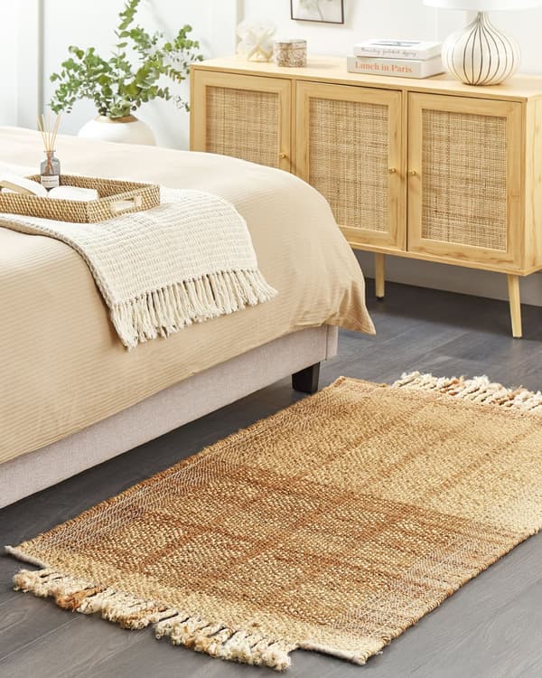 Matta Beige Jute 80 x 150 cm Fransig Handvävd Bohemisk Vardagsrum Sovrum