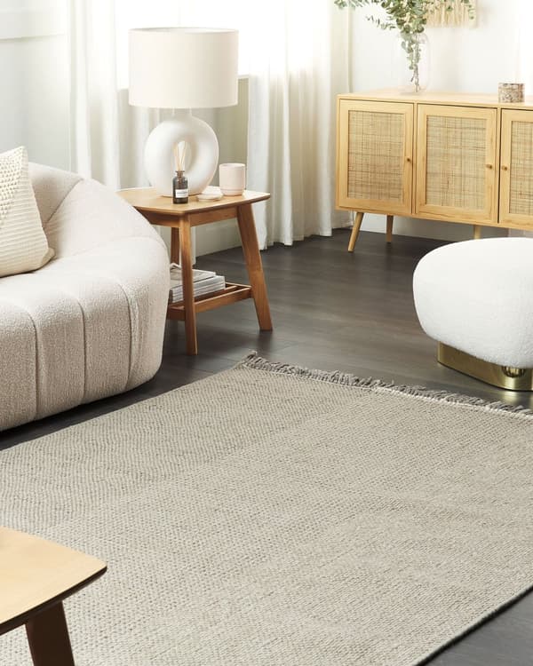 Matta Grå Ull Bomull 140 x 200 cm Handvävd Flatvävd med Fransar Vardagsrum Sovrum