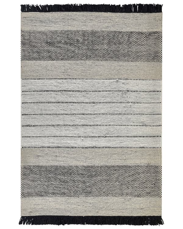 Matta Beige och Svart Ull Bomull 140 x 200 cm Handvävd Flatvävd med Tofsar Vardagsrum Sovrum