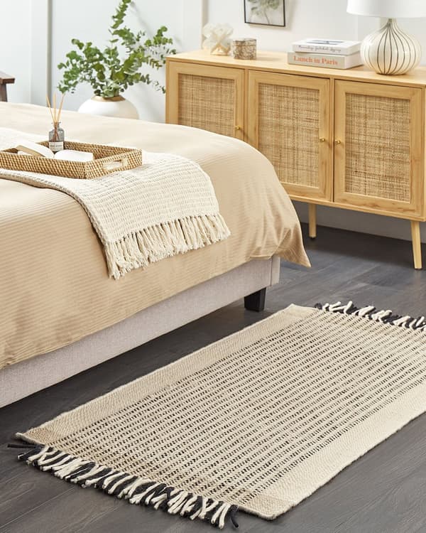 Matta Beige och Svart Ull Bomull 80 x 150 cm Handvävd Flatvävd med Fransar Vardagsrum Sovrum Kök