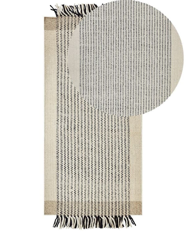 Matta Beige och Svart Ull Bomull 80 x 150 cm Handvävd Flatvävd med Fransar Vardagsrum Sovrum Kök