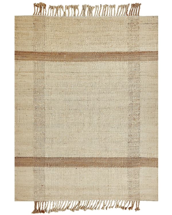 Matta Beige Jute 160 x 230 cm Rektangulär med Fransar Geometriskt Mönster Handvävd Boho-stil Sovrum Vardagsrum