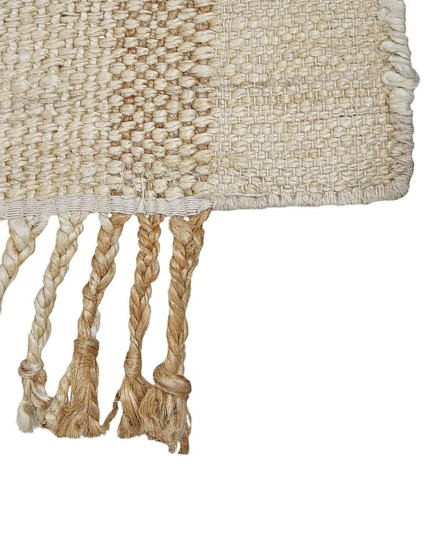 Matta Beige Jute 160 x 230 cm Rektangulär med Fransar Geometriskt Mönster Handvävd Boho-stil Sovrum Vardagsrum