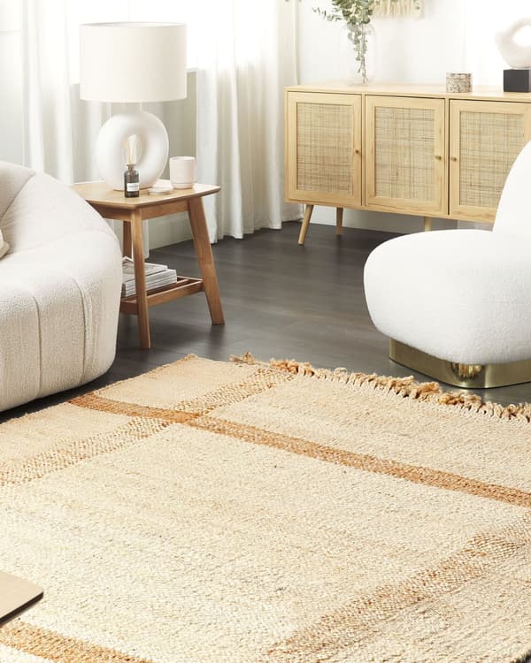Matta Beige Jute 160 x 230 cm Rektangulär med Fransar Geometriskt Mönster Handvävd Boho-stil Sovrum Vardagsrum