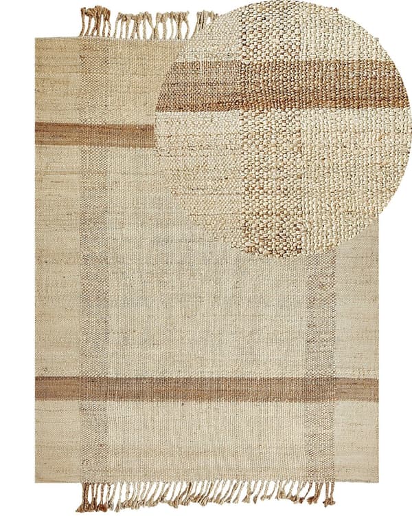 Matta Beige Jute 160 x 230 cm Rektangulär med Fransar Geometriskt Mönster Handvävd Boho-stil Sovrum Vardagsrum