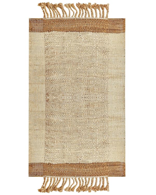 Mattan Beige Jute 80 x 150 cm Rektangulär med Fransar Geometriskt Mönster Handvävd Boho-stil Sovrum Vardagsrum