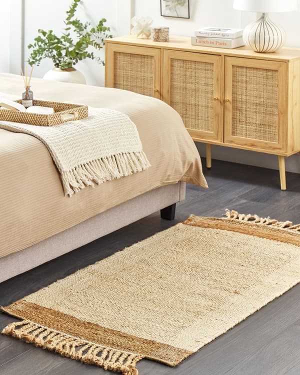 Mattan Beige Jute 80 x 150 cm Rektangulär med Fransar Geometriskt Mönster Handvävd Boho-stil Sovrum Vardagsrum