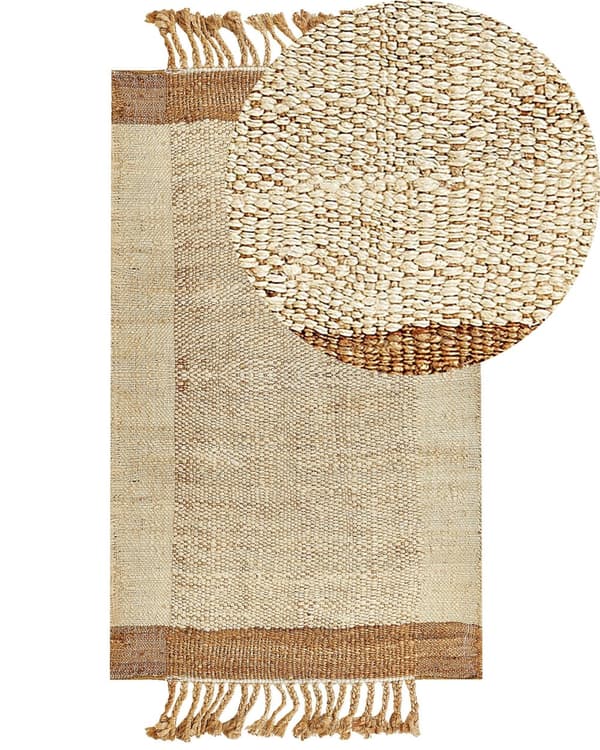 Mattan Beige Jute 80 x 150 cm Rektangulär med Fransar Geometriskt Mönster Handvävd Boho-stil Sovrum Vardagsrum