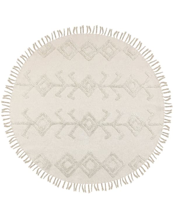 Matto vaalea beige 140 x 140 cm puuvilla pyöreä hapsut geometrinen kuvio boho skandinaavinen