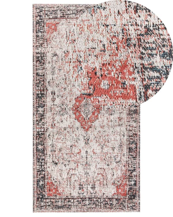 Område tæppe rød og beige bomuld polyester 80 x 150 cm Orientalsk mønster distressed vintage boligindretning