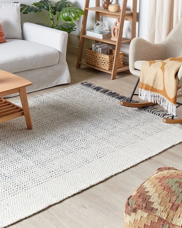Tæppe hvid og grå uld bomuld 160 x 230 cm Håndvævet fladvævet med kvaster