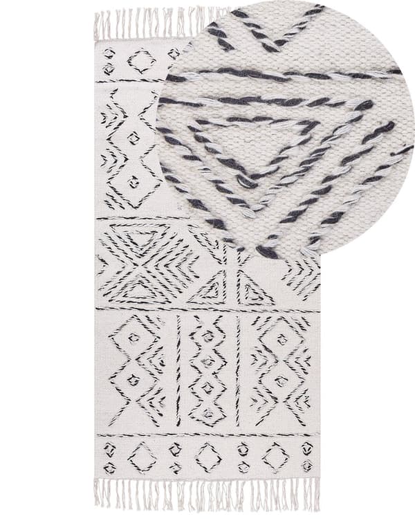 Uldområde tæppe off-white og sort aztekisk mønster 80 x 150 cm cm lav luv moderne vintage