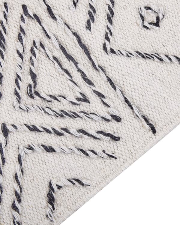 Gulvtæppe Hvid Sort Uld 160 x 230 cm Uldtæppe med Aztec Mønster Fladvævet Løs Tæppe under Sofabord Stue Dekoration Orientalsk Gulvtæp