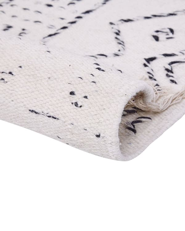 Gulvtæppe Hvid Sort Uld 160 x 230 cm Uldtæppe med Aztec Mønster Fladvævet Løs Tæppe under Sofabord Stue Dekoration Orientalsk Gulvtæp