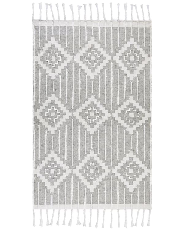 Matta Grå och Vit 140 x 200 cm Syntetiskt Material Dekorativa Tofsar Indisk stil Inomhus Utomhus