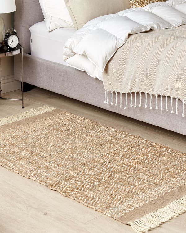 Område Tæppe Beige Jute 80 x 150 cm Rektangulært med Kvaster Geometrisk Mønster Håndvævet Boho Stil Soveværelse Stue