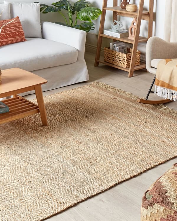 Teppe Beige Jute 140 x 200 cm Geometrisk mønster Frynser Håndvevd Boho Stue Soverom
