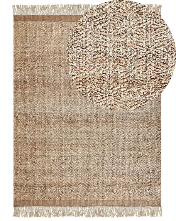 Teppe Beige Jute 160 x 230 cm Geometrisk mønster Frynser Håndvevd Boho Stue Soverom