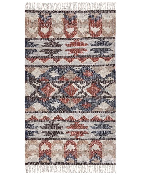 Matto monivärinen juutti 80 x 150 cm neliskulmainen geometrinen kuvio hapsuilla käsin kudottu boho-tyyli