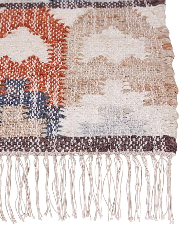 Matto monivärinen juutti 80 x 150 cm neliskulmainen geometrinen kuvio hapsuilla käsin kudottu boho-tyyli