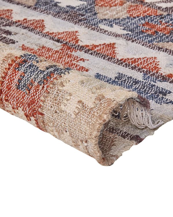 Matto monivärinen juutti 80 x 150 cm neliskulmainen geometrinen kuvio hapsuilla käsin kudottu boho-tyyli