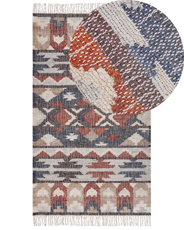 Matto monivärinen juutti 80 x 150 cm neliskulmainen geometrinen kuvio hapsuilla käsin kudottu boho-tyyli