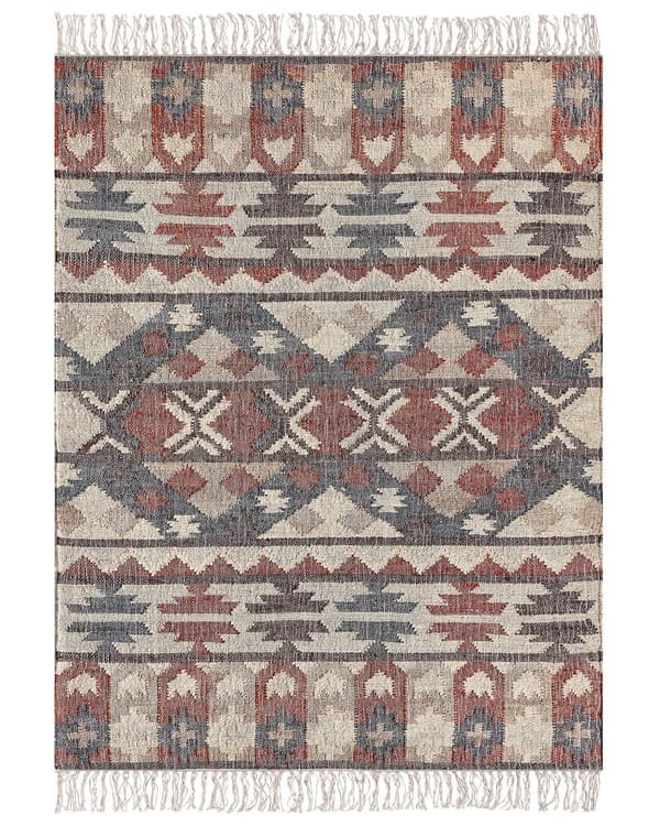 Gulvtæppe Multifarvet Jute Bomuld 160 x 230 cm Kelimtæppe Orientalsk Håndvævet Jutetæppe med Frynser til Stue Boho Tilbehør