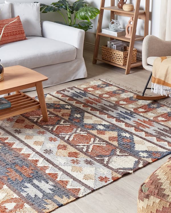 Gulvtæppe Multifarvet Jute Bomuld 160 x 230 cm Kelimtæppe Orientalsk Håndvævet Jutetæppe med Frynser til Stue Boho Tilbehør