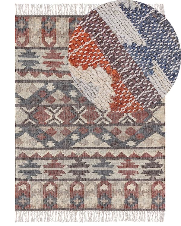 Gulvtæppe Multifarvet Jute Bomuld 160 x 230 cm Kelimtæppe Orientalsk Håndvævet Jutetæppe med Frynser til Stue Boho Tilbehør