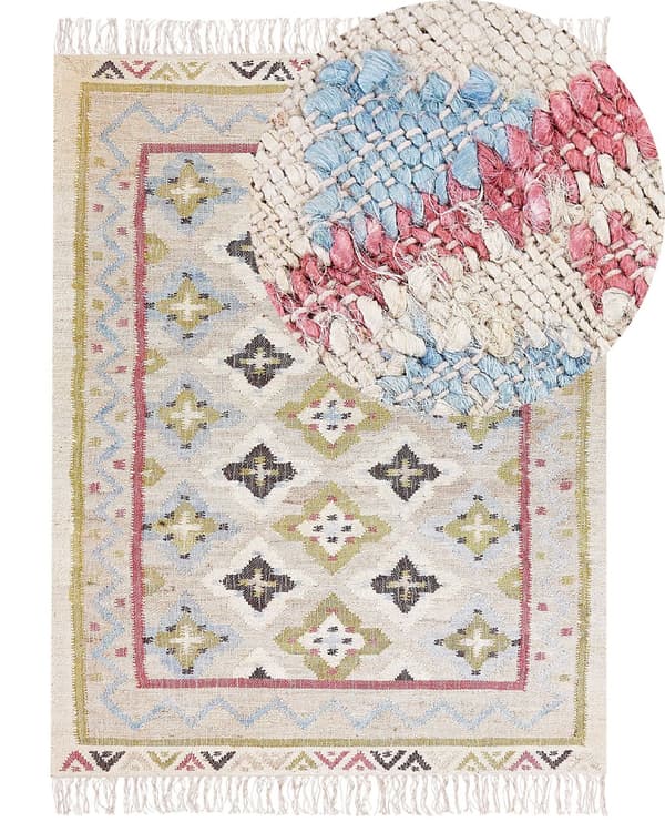 Gulvtæppe Multifarvet Jute Bomuld 160 x 230 cm Kelimtæppe Orientalsk Håndvævet Jutetæppe med Frynser Tæppe under Spisebord Boho Tilbehør