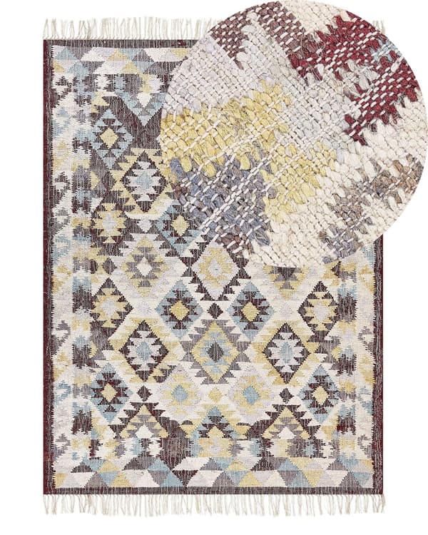 Matta Flerfärgad Jute 140 x 200 cm Rektangel med Tofsar Handvävd Bohemisk Stil Vardagsrum Sovrum