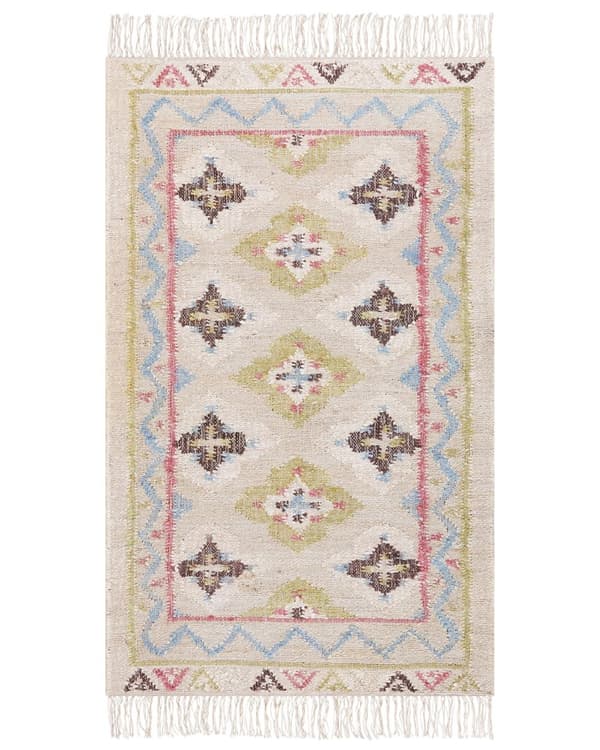 Matta Flerfärgad Jute 80 x 150 cm Rektangel med Tofsar Handvävd Bohemisk Stil Vardagsrum Sovrum