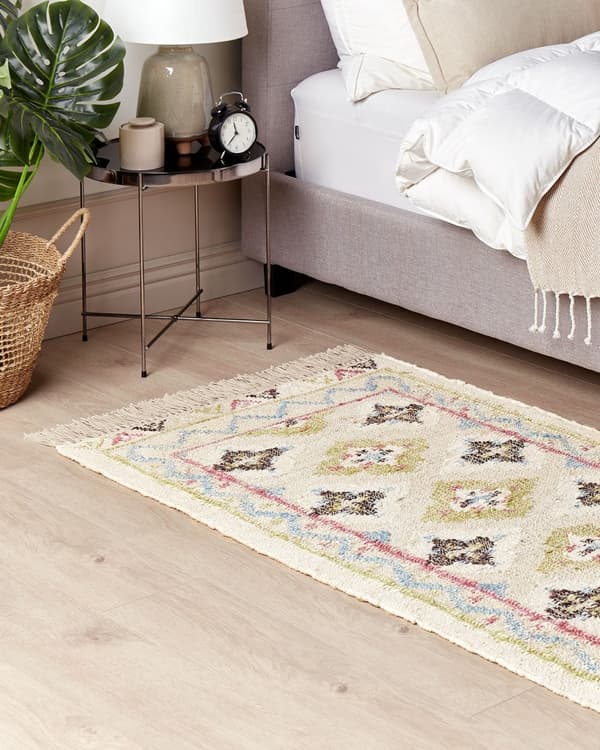 Matta Flerfärgad Jute 80 x 150 cm Rektangel med Tofsar Handvävd Bohemisk Stil Vardagsrum Sovrum
