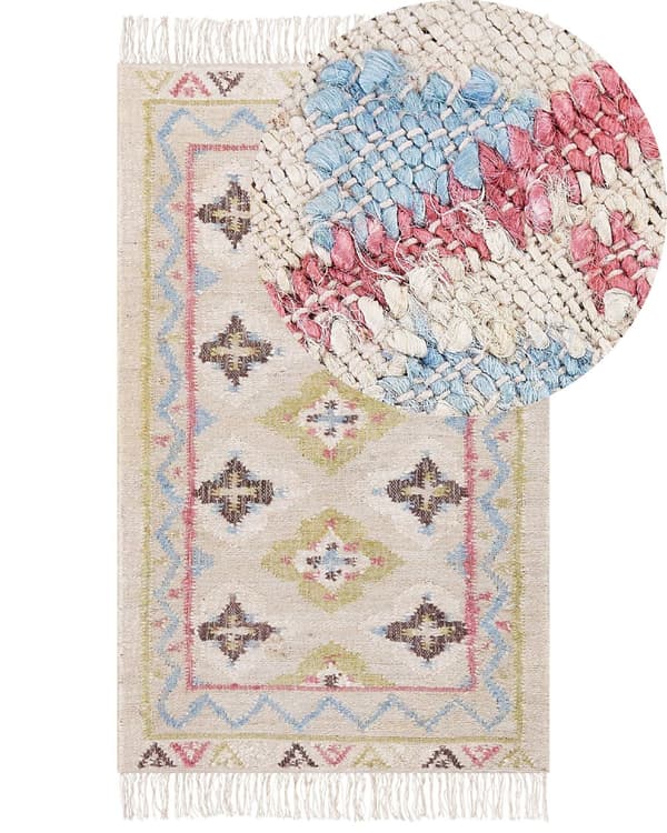 Matta Flerfärgad Jute 80 x 150 cm Rektangel med Tofsar Handvävd Bohemisk Stil Vardagsrum Sovrum